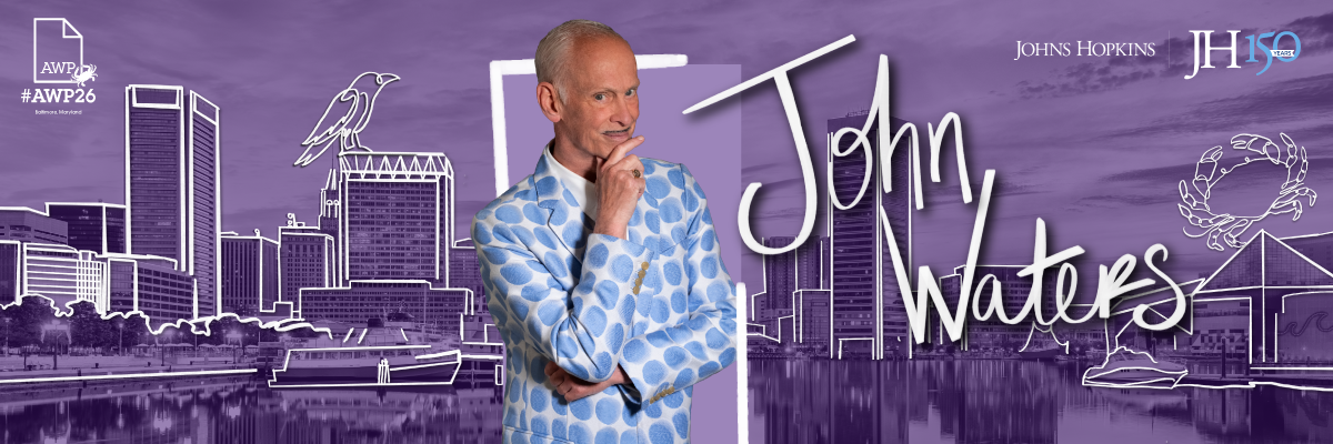 Image of John Waters on a purple background with #AWP26 branding