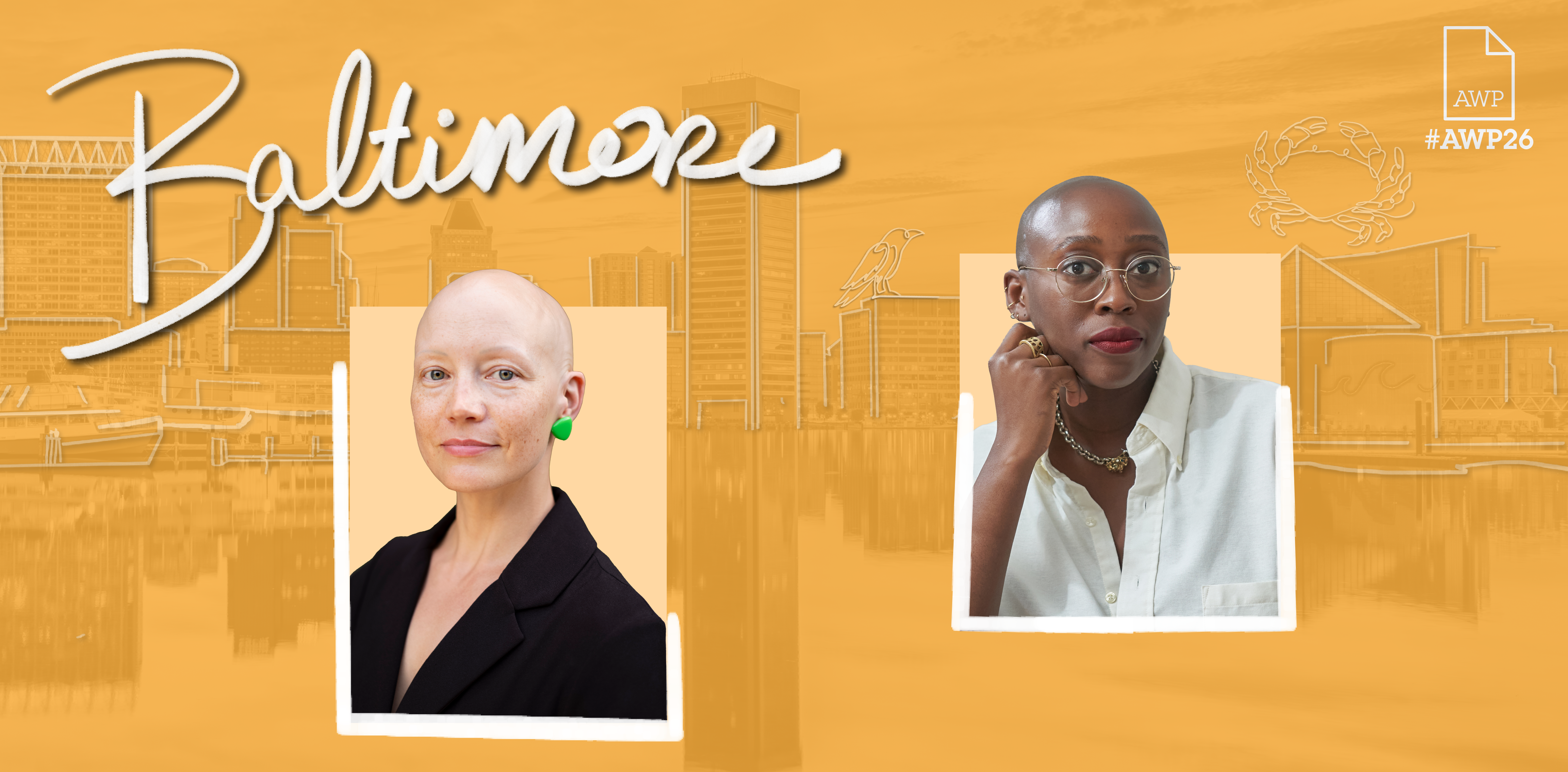 Headshots of the two National Book Foundation panelists on a yellow background with #AWP26 Baltimore branding
