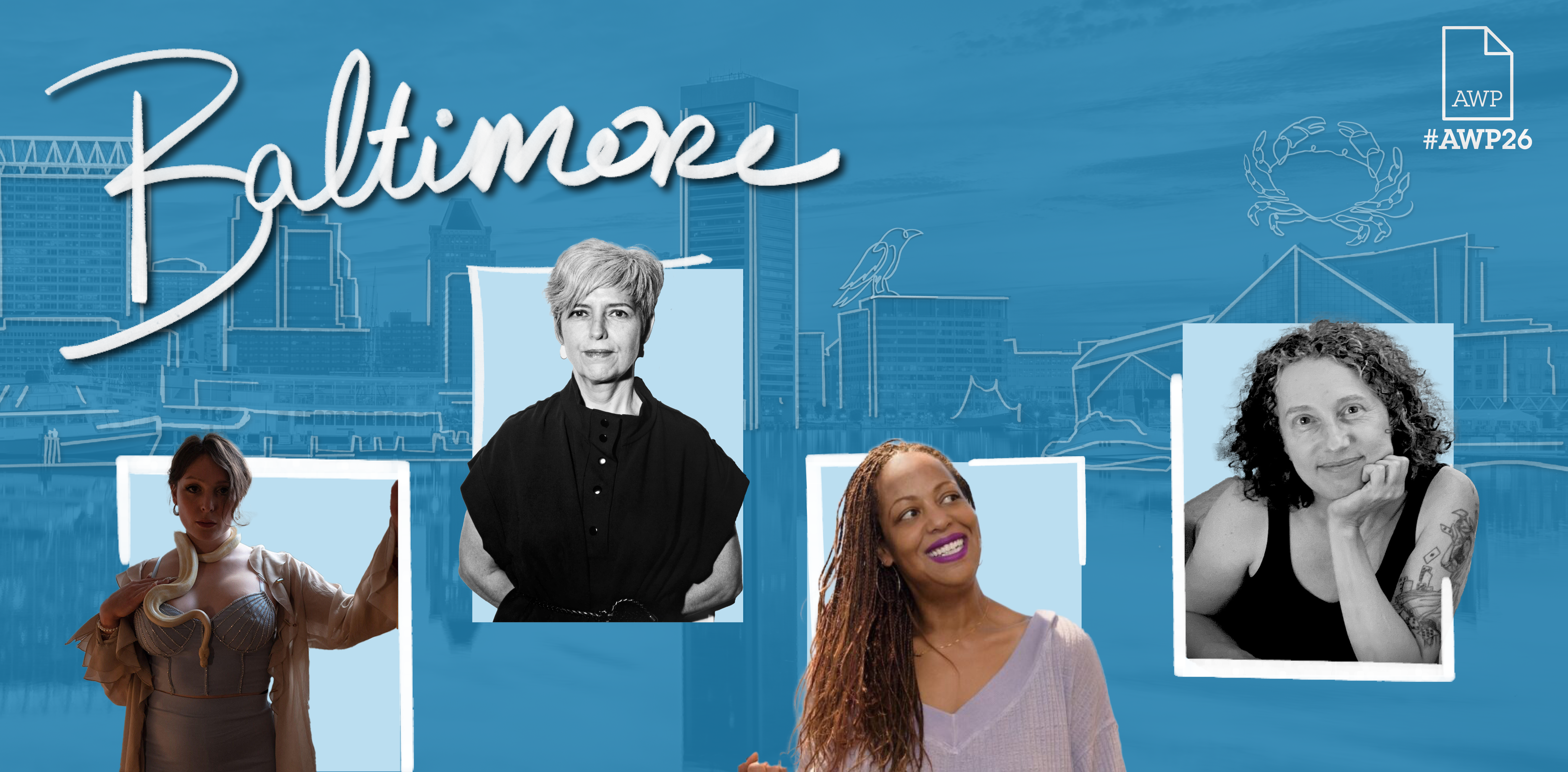 Headshots of the four Nightboat Books panelists on a blue background with #AWP26 Baltimore branding