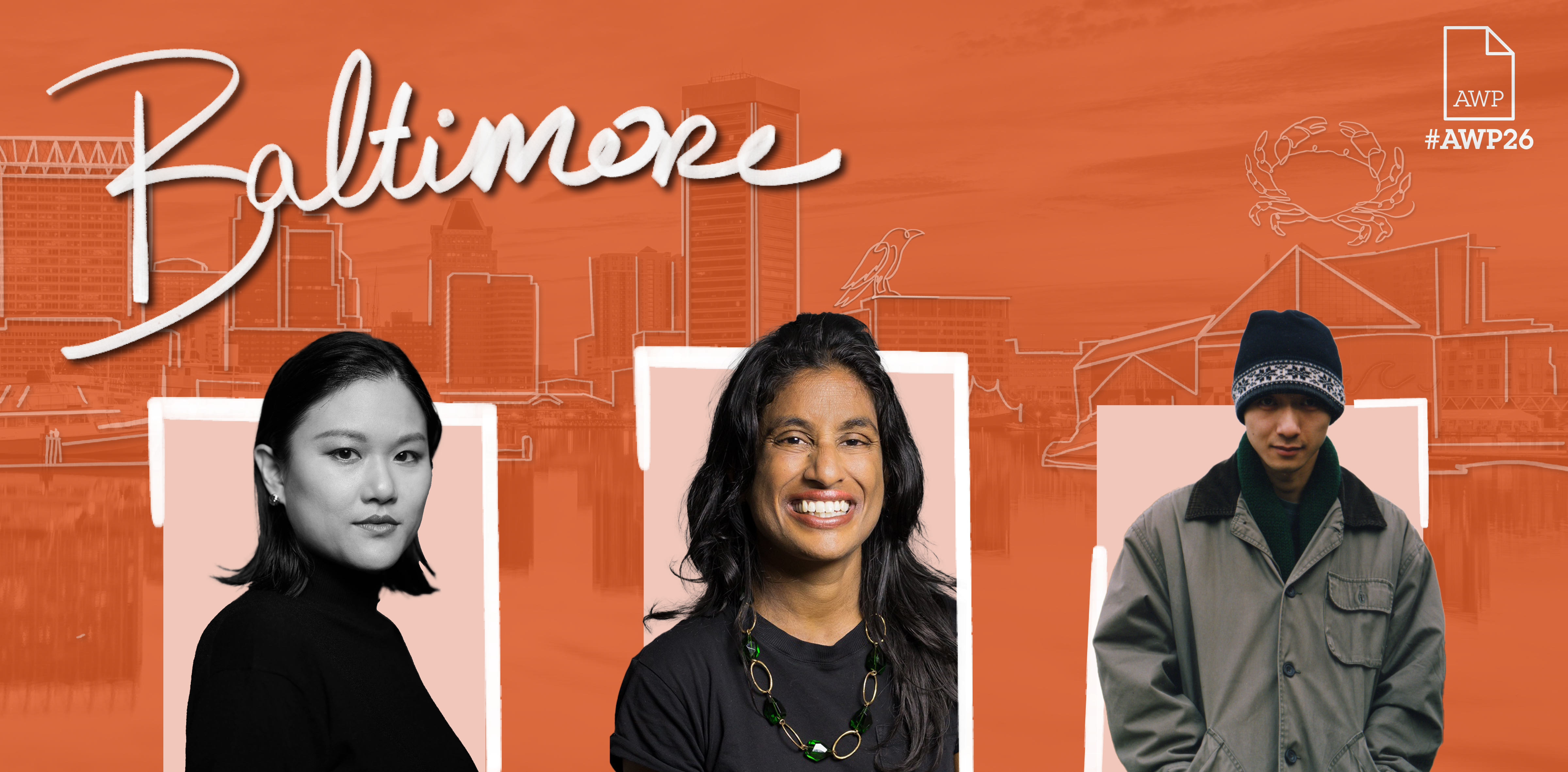 Headshots of the three PEN America panelists on a red background with #AWP26 Baltimore branding