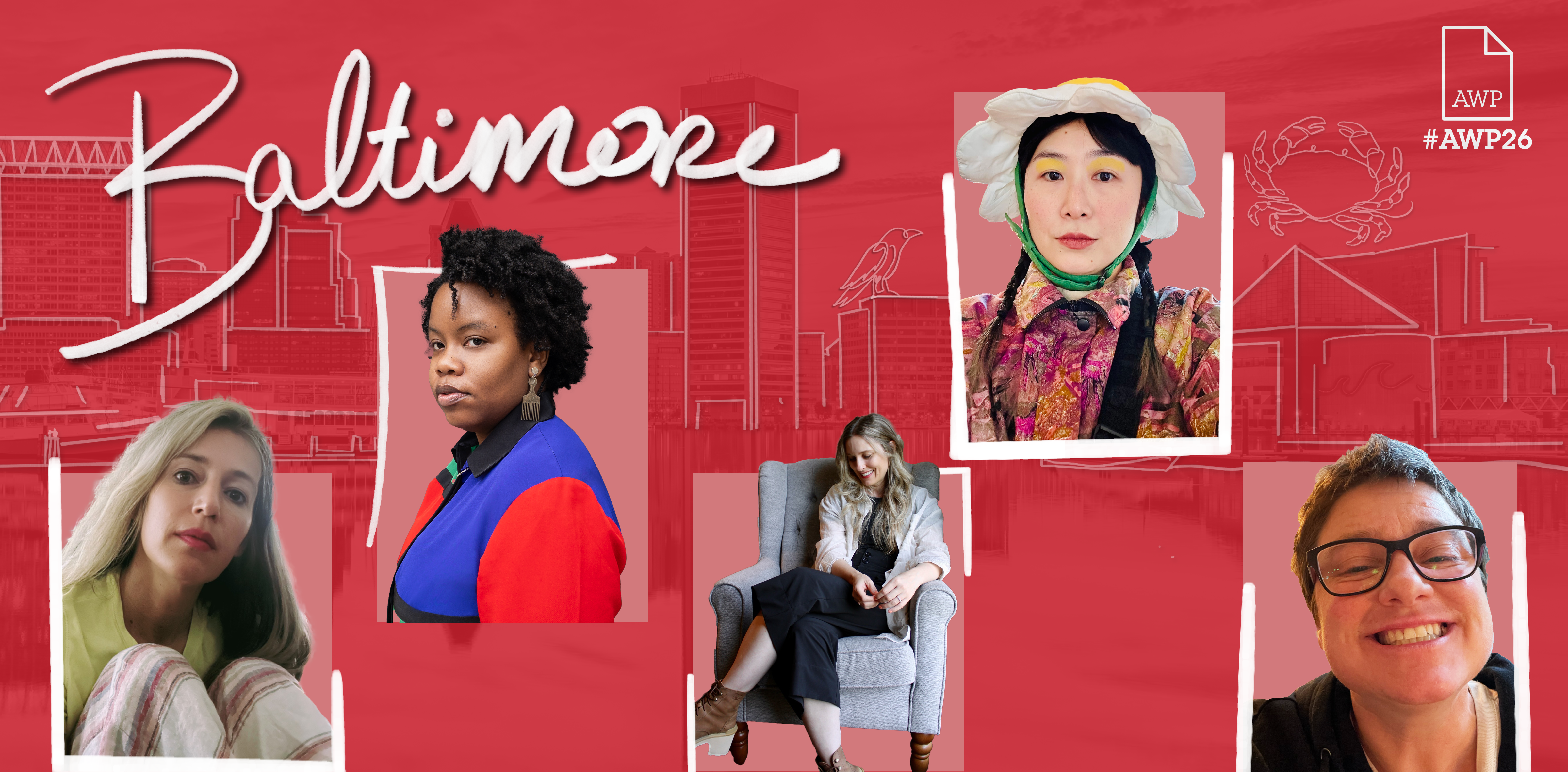 Headshots of the five Sarabande panelists on a red background with #AWP26 Baltimore branding