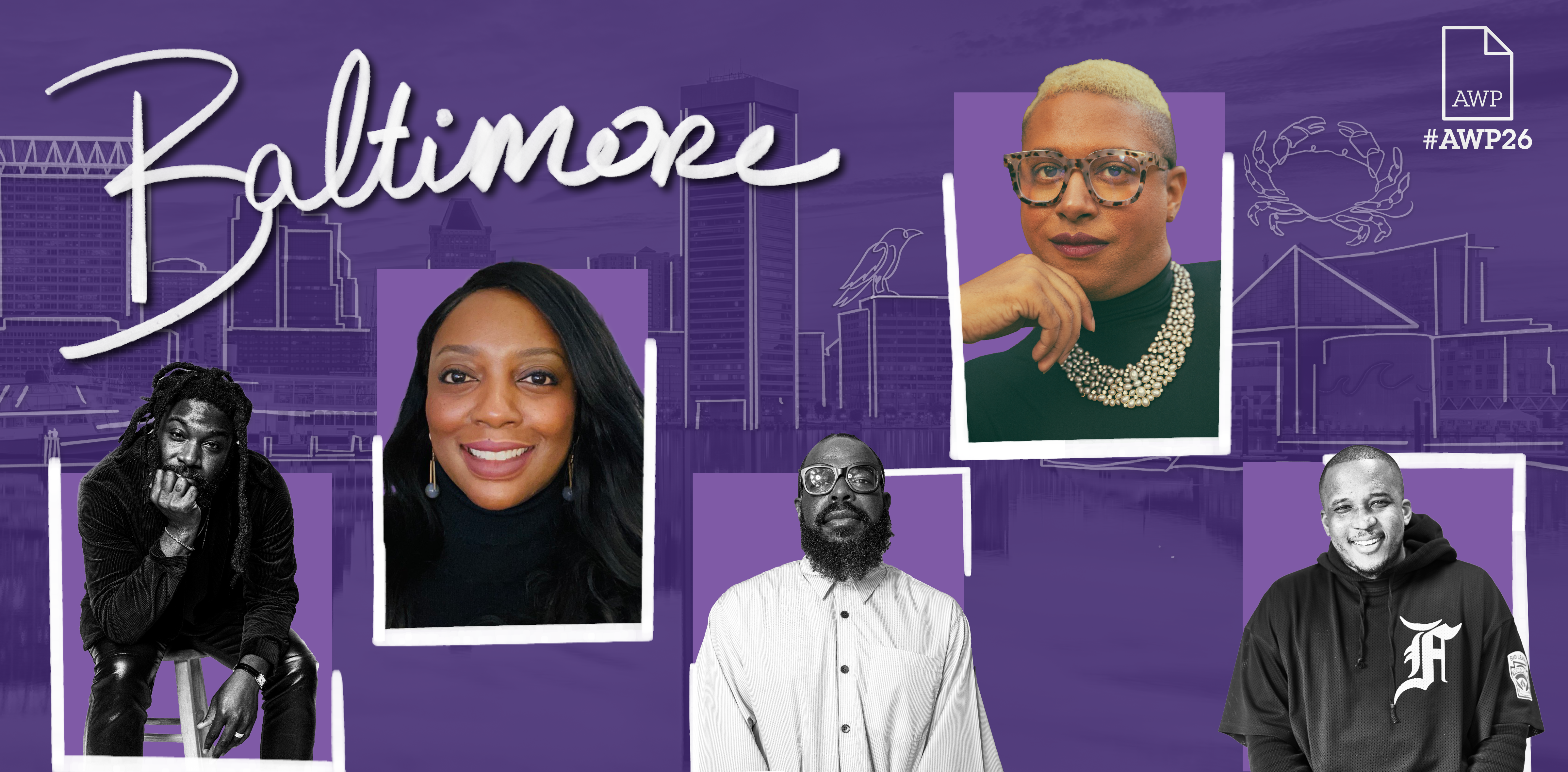 Headshots of the five Black List and MacDowell panelists on a purple background with #AWP26 Baltimore branding