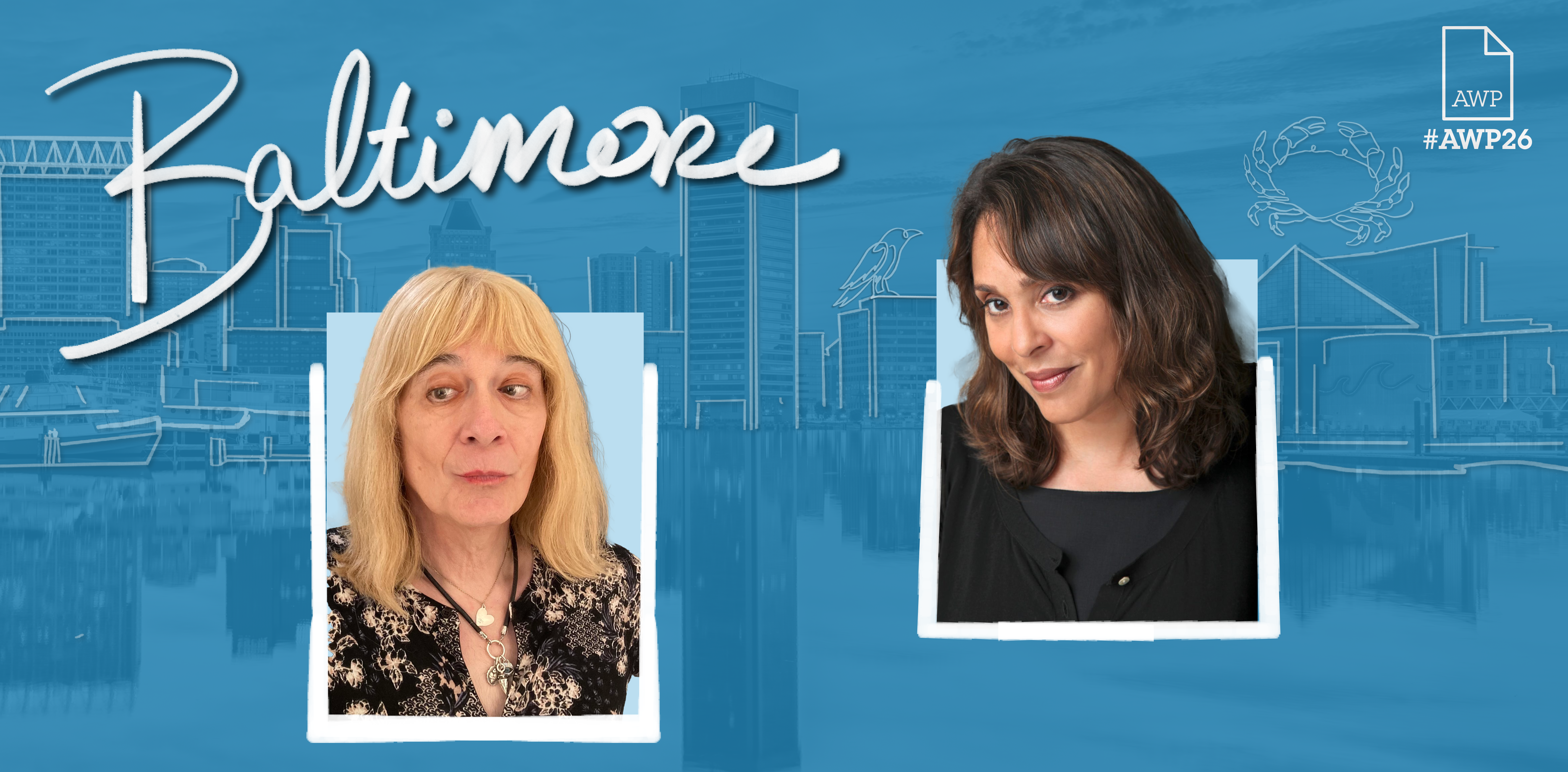 Headshots of the two Pulitzer panelists on a blue background with #AWP26 Baltimore branding