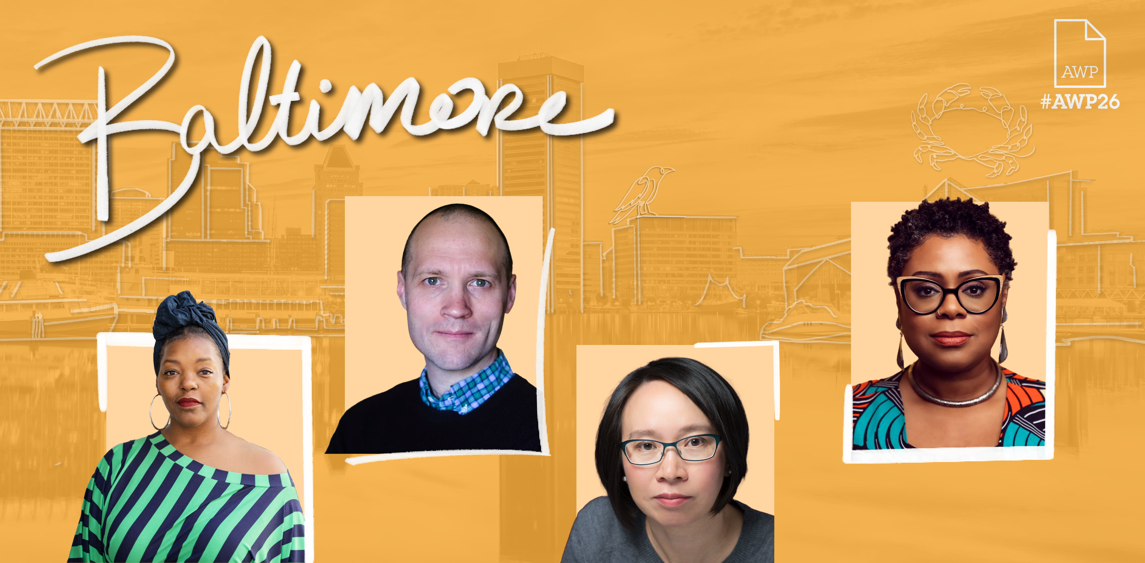 Headshots of the four Blue Flower Arts panelists on a yellow background with #AWP26 Baltimore branding