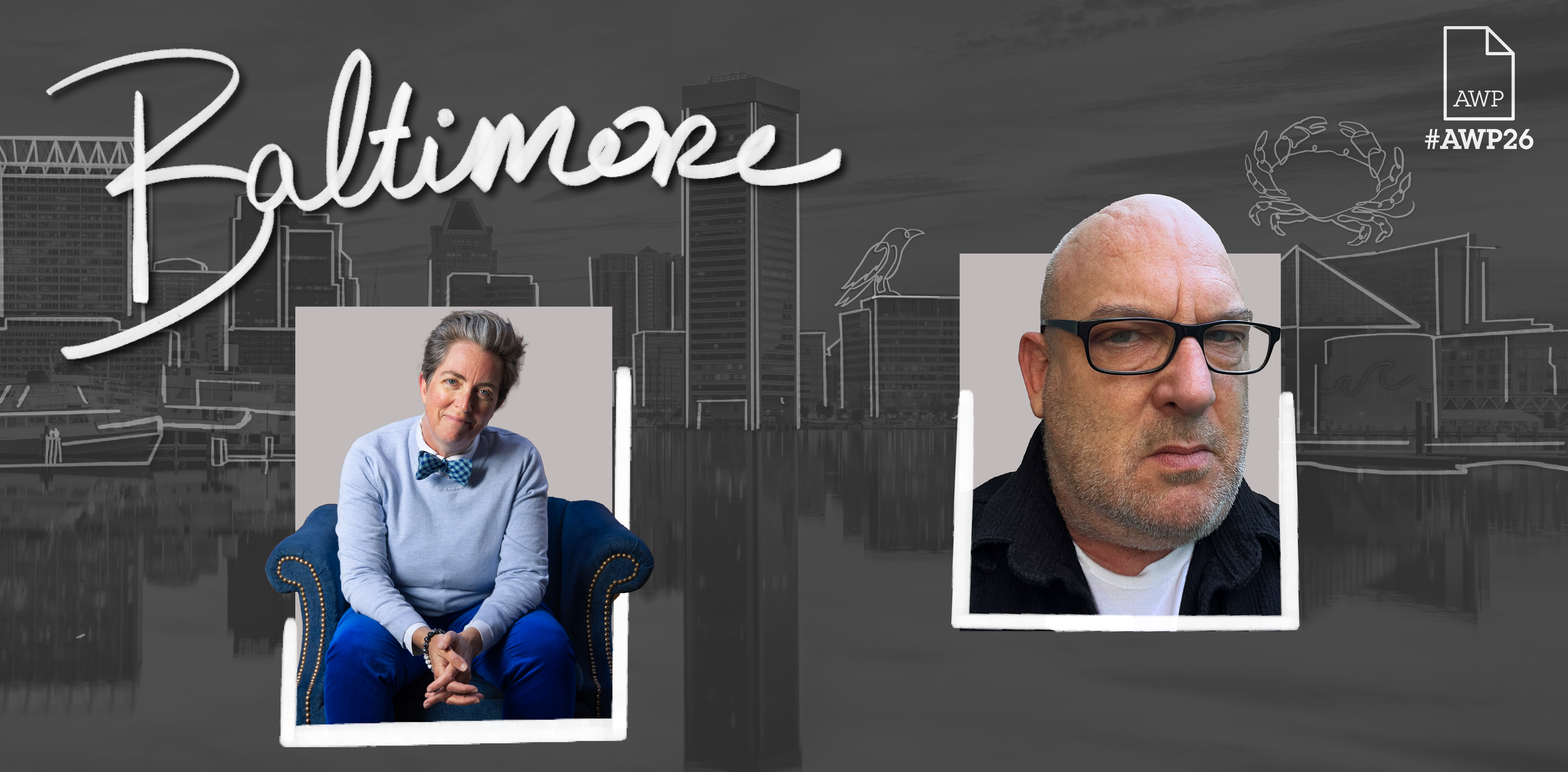 Headshots of the two Copper Canyon Press panelists on a charcoal background with #AWP26 Baltimore branding