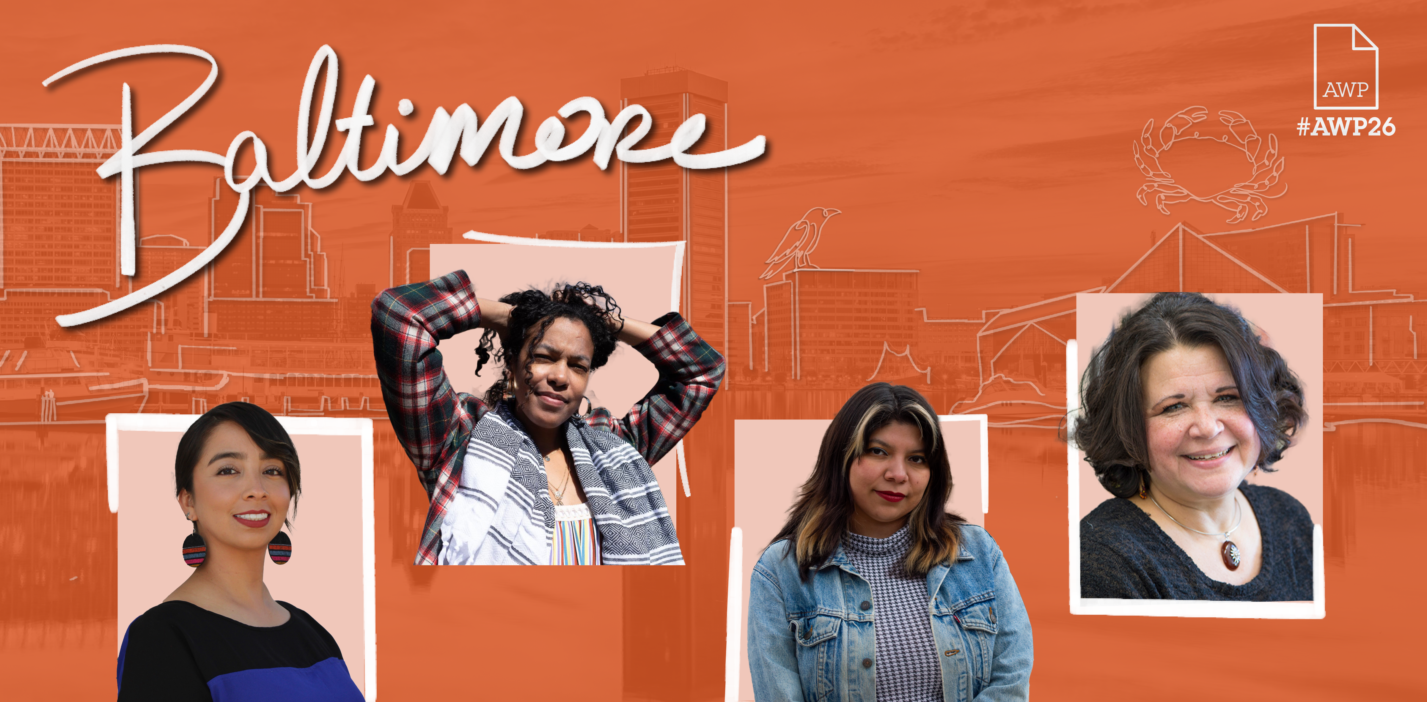 Headshots of the four Letras Latinas panelists on an orange background with #AWP26 Baltimore branding